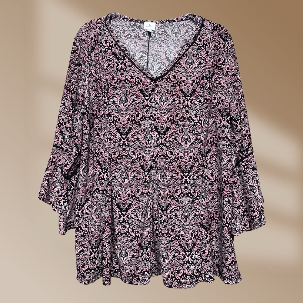 Dressbarn Women's Damask Print Pink & Black Tunic Size 1X Flowy Bottom NWOT